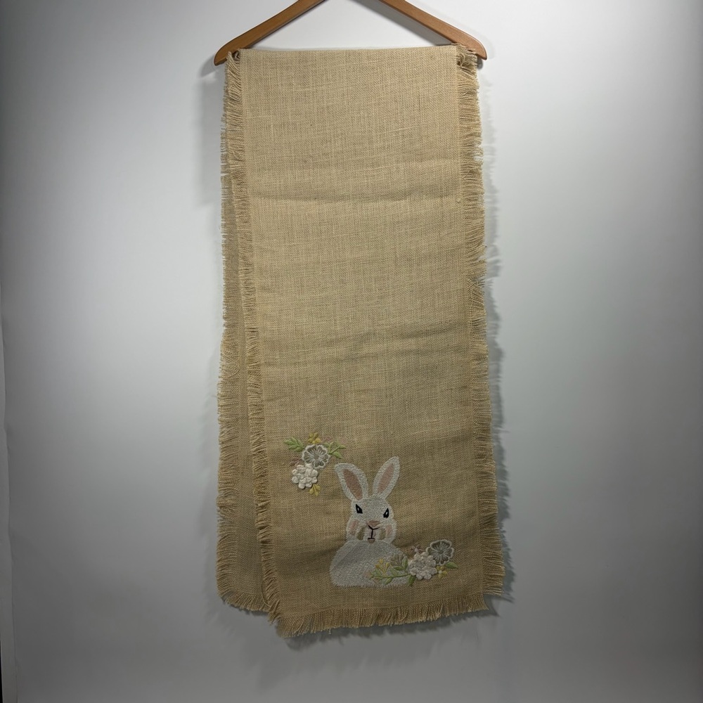 Pier 1 Burlap Jute Easter Table Runner Embroidered Bunny 72"x13" Country Chic